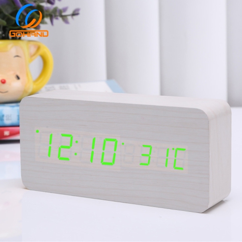Rechargeable silent wooden clock, wooden digital clock triple alarm clock, multi-function LED alarm clock with time/date/temperature display -White