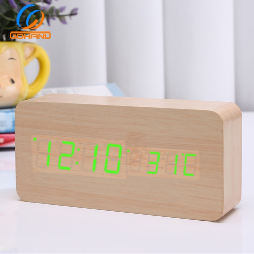 Rechargeable silent wooden clock, wooden digital clock triple alarm clock, multi-function LED alarm clock with time/date/temperature display -Bamboo