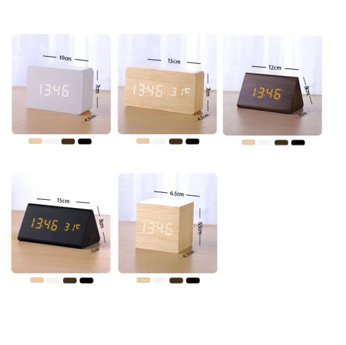 Rechargeable silent wooden clock, wooden digital clock triple alarm clock, multi-function LED alarm clock with time/date/temperature display -Bamboo