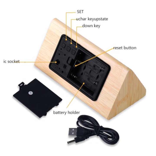 Rechargeable Silent Wooden Clock, Wooden Digital Clock Triple Alarm, Multi-function LED Alarm with Time/Date/Temperature Display -Black Wood White