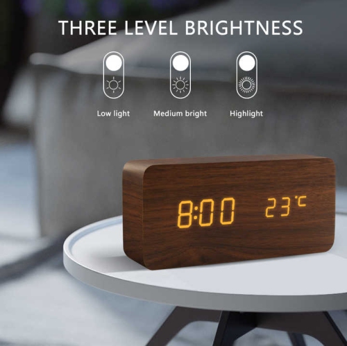Rechargeable Silent Wooden Clock, Wooden Digital Clock Triple Alarm, Multi-function LED Alarm with Time/Date/Temperature Display -Black Wood Green