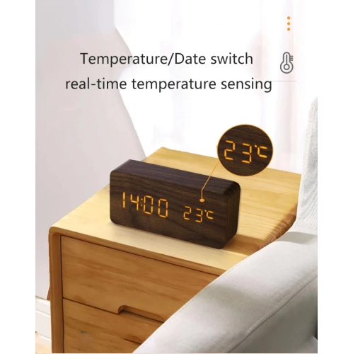 Rechargeable Silent Wooden Clock, Wooden Digital Clock Triple Alarm, Multi-function LED Alarm with Time/Date/Temperature Display -Brown Wood White