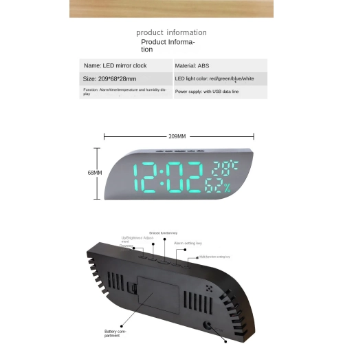 Réveille-matin de bureau de forme géométrique LED miroir horloge électronique de rappel d'alarme numérique de température et d'humidité Réveil