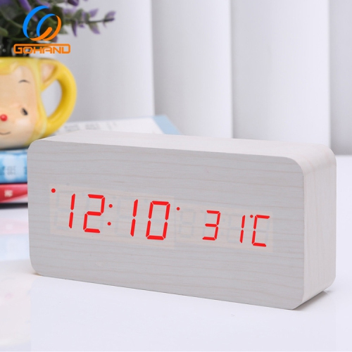 Rechargeable silent wooden clock, wooden digital clock triple alarm clock, multi-function LED alarm clock with time/date/temperature display -White