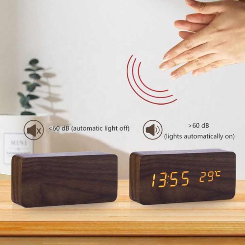 Rechargeable silent wooden clock, wooden digital clock triple alarm clock, multi-function LED alarm clock with time/date/temperature display -White