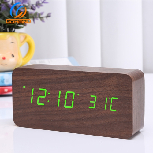 Rechargeable silent wooden clock, wooden digital clock triple alarm clock, multi-function LED alarm clock with time/date/temperature display -Brown