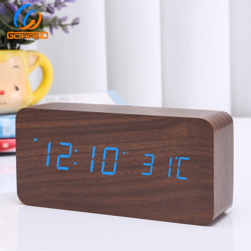 Rechargeable Silent Wooden Clock, Wooden Digital Clock Triple Alarm, Multi-function LED Alarm with Time/Date/Temperature Display -Brown wood with