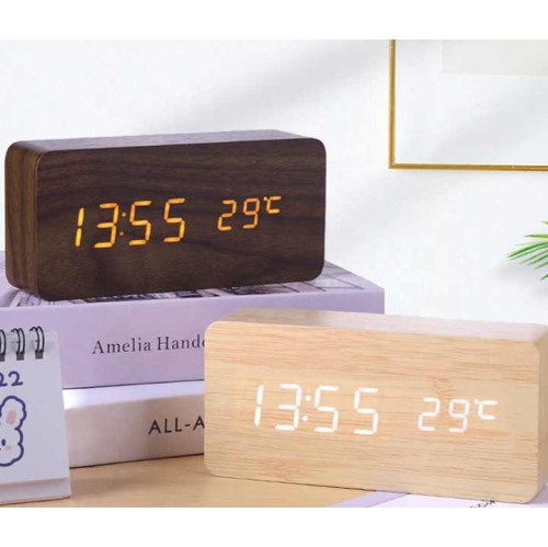 Rechargeable Silent Wooden Clock, Wooden Digital Clock Triple Alarm, Multi-function LED Alarm with Time/Date/Temperature Display -Brown wood with