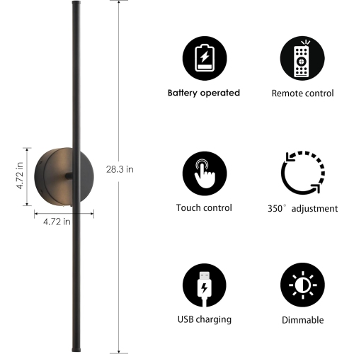 2 Pack Rechargeable Wall Lights Indoor with Remote Control Lamp LED Sconce Dimmable 350° Rotation 72CM Modern Living Room Bedroom Hallway