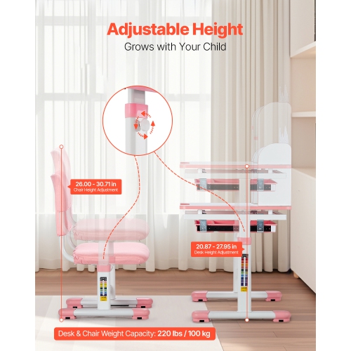 VEVOR Kids Study Chair and Desk Set, Study Desk and Chair for Kids with Bookshelf and Storage Drawer, Adjustable Height Kids Study Desk with Chair,