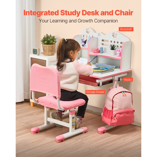 VEVOR Kids Study Chair and Desk Set, Study Desk and Chair for Kids with Bookshelf and Storage Drawer, Adjustable Height Kids Study Desk with Chair,