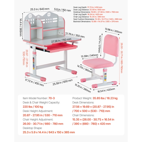 VEVOR Kids Study Chair and Desk Set, Study Desk and Chair for Kids with Bookshelf and Storage Drawer, Adjustable Height Kids Study Desk with Chair,