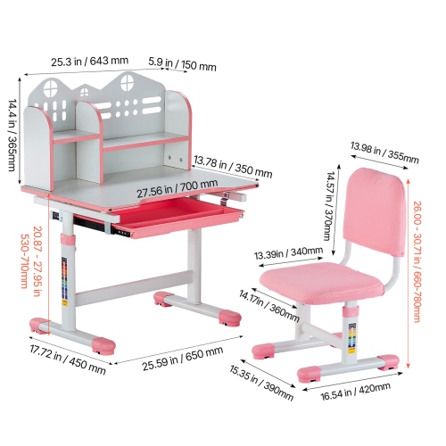 VEVOR Kids Study Chair and Desk Set, Study Desk and Chair for Kids with Bookshelf and Storage Drawer, Adjustable Height Kids Study Desk with Chair,