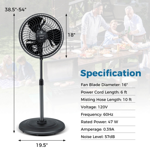 Costway 16" Oscillating Fan Misting Pedestal Fan with Hose Connector 3 Micro-Mist Levels Black