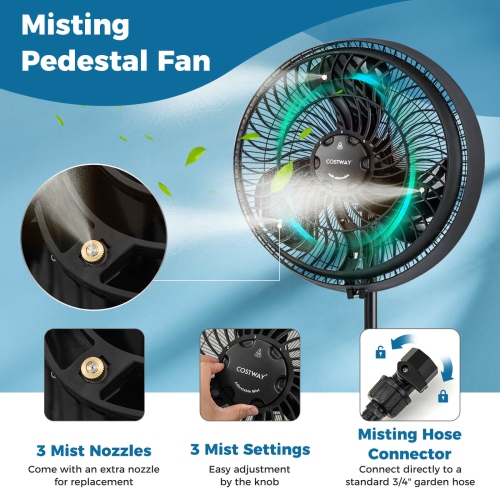 Costway 16" Oscillating Fan Misting Pedestal Fan with Hose Connector 3 Micro-Mist Levels Black