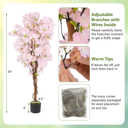 Gymax 5 FT Tall Artificial Cherry Blossom Tree Faux Flower Plant in Nursery Pot