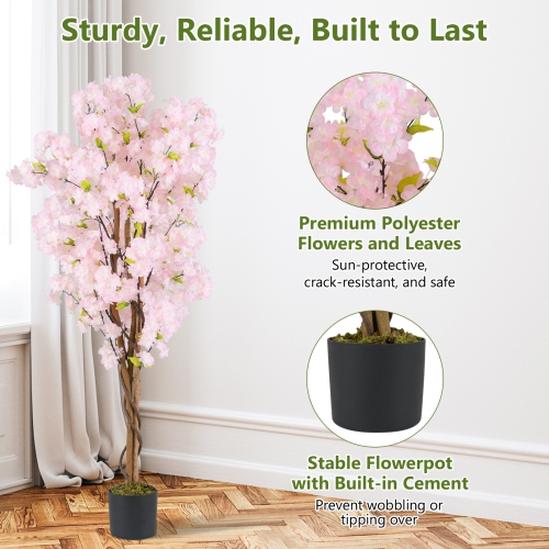 Gymax 5 FT Tall Artificial Cherry Blossom Tree Faux Flower Plant in Nursery Pot