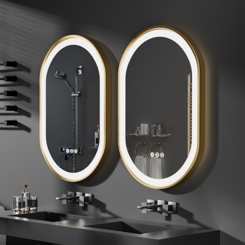 LUVODI Oval LED Bathroom Mirror 20"x32" Lighted Wall Mounted Vanity Mirror with Gold Aluminum Frame, Anti-Fog Waterproof Smart Mirror, Stepless