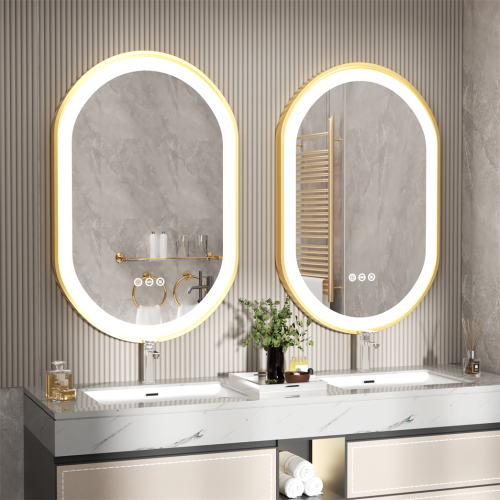 LUVODI Oval LED Bathroom Mirror 20"x32" Lighted Wall Mounted Vanity Mirror with Gold Aluminum Frame, Anti-Fog Waterproof Smart Mirror, Stepless