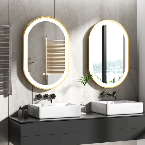 LUVODI Oval LED Bathroom Mirror 20"x32" Lighted Wall Mounted Vanity Mirror with Gold Aluminum Frame, Anti-Fog Waterproof Smart Mirror, Stepless