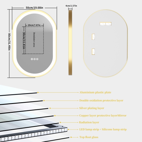 LUVODI Oval LED Bathroom Mirror 20"x32" Lighted Wall Mounted Vanity Mirror with Gold Aluminum Frame, Anti-Fog Waterproof Smart Mirror, Stepless