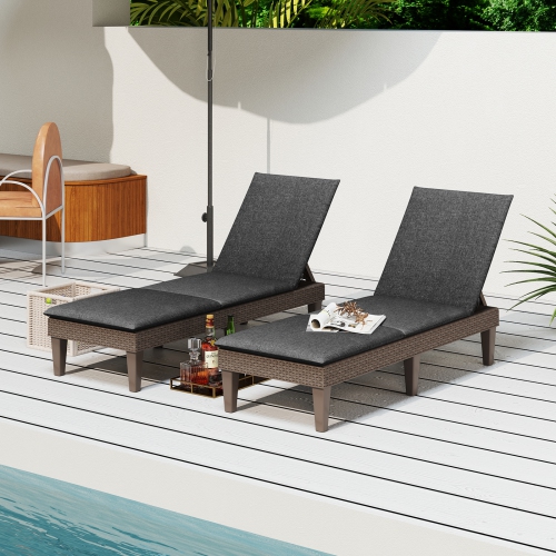 Gymax 2PCS Patio Lounge Chair Recliner Chair w/ 3-Position Adjustable Backrest & Cushion Brown & Gray