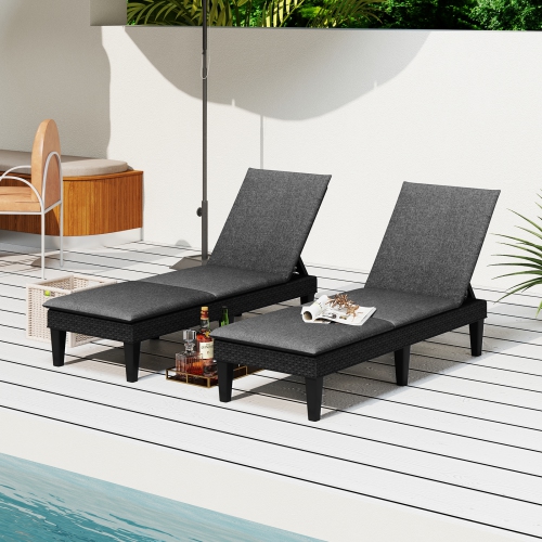 Gymax 2PCS Patio Lounge Chair Recliner Chair w/ 3-Position Adjustable Backrest & Cushion Black & Gray