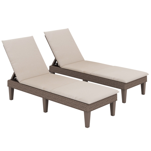GYMAX  2PCs Patio Lounge Chair Recliner Chair W/ 3-Position Adjustable Backrest & Cushion Brown & In White