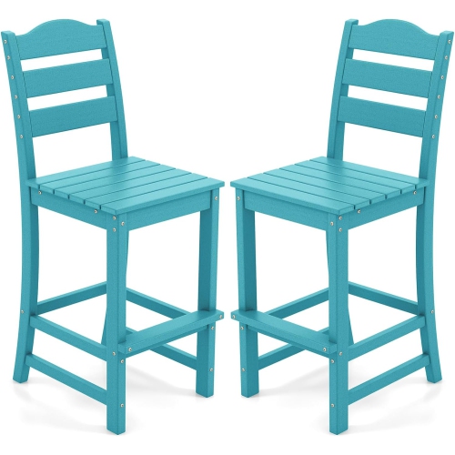 GYMAX  Set Of 2 HDpe Bar Stool Patio Tall Chair Backrest Footrest All Weather In Turquoise