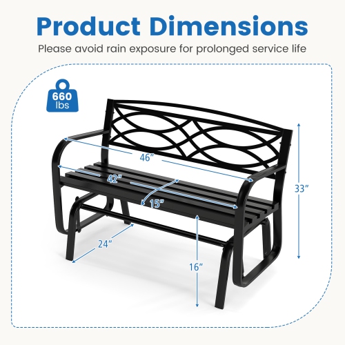 Gymax 2-Person Glider Bench w/ Metal Frame Armrests Geometric Backrest Outdoor