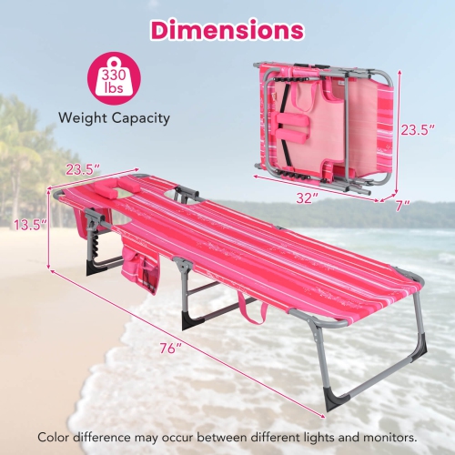 Gymax Patio Beach Lounge Chair Folding Chaise Lounge w/ Pillow Hot Pink