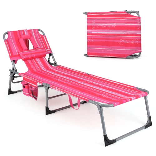 Gymax Set of 2 Patio Beach Lounge Chair Folding Chaise Lounge w/ Pillow Hot Pink