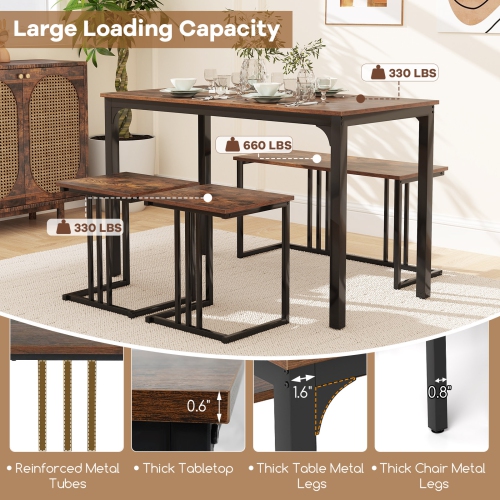 Gymax 4-Piece Dining Table Set Industrial Kitchen Table Set w/ Bench & 2 Stools
