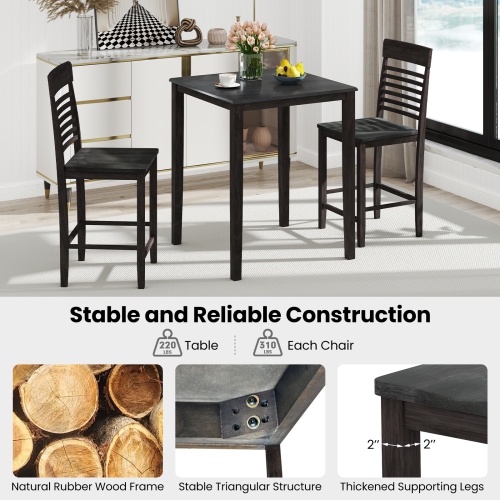 Gymax 3 PCS Counter-Height Dining Table Set for 2 Square Kitchen Table & 2 Bar Chairs