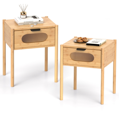 Gymax 2PCS Bamboo Nightstand Farmhouse Bedside Table w/ Tempered Glass Decorated Drawer
