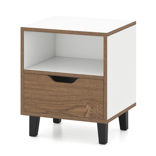 Gymax Nightstand Mid Century Modern Bedside Table w/ Drawer Open storage Shelf