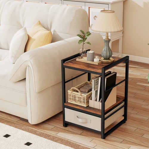 Gymax Nightstand Industrial Bedside Table w/ Open Storage Shelf & Fabric Drawer