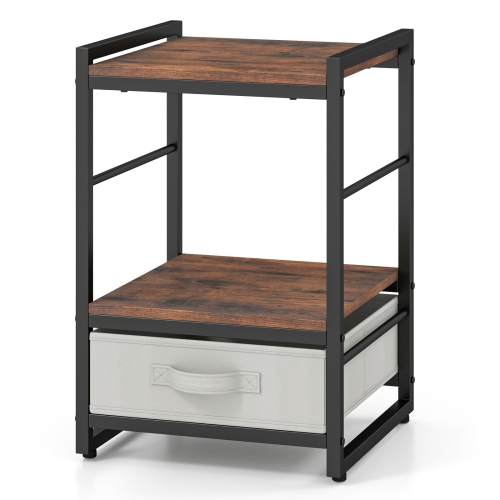 Gymax 2 PCS Nightstand Industrial Bedside Table w/ Open Storage Shelf & Fabric Drawer