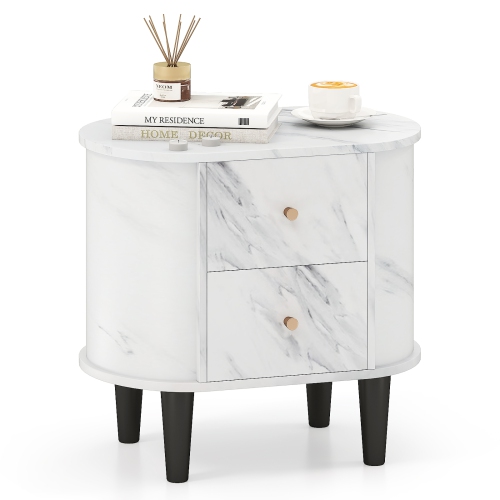 GYMAX  Nightstand W/ 2 Drawers Faux Marble Bedside Table for Small Space