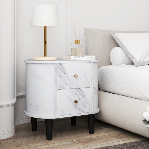 Gymax Nightstand w/ 2 Drawers Faux Marble Bedside Table for Small Space