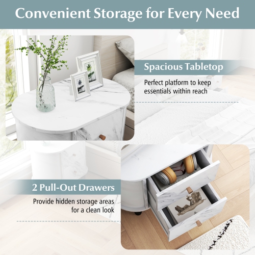 Gymax Nightstand w/ 2 Drawers Faux Marble Bedside Table for Small Space
