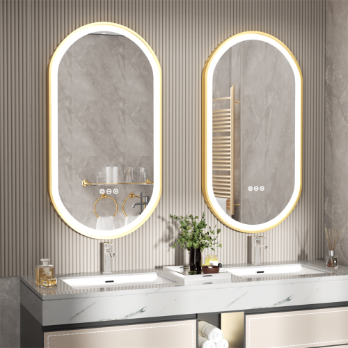 LUVODI Oval LED Bathroom Mirror 20"x40" Lighted Wall Mounted Vanity Mirror with Gold Aluminum Frame, Anti-Fog Waterproof Smart Mirror, Stepless