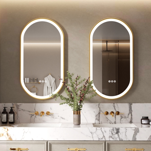 LUVODI Oval LED Bathroom Mirror 20"x40" Lighted Wall Mounted Vanity Mirror with Gold Aluminum Frame, Anti-Fog Waterproof Smart Mirror, Stepless