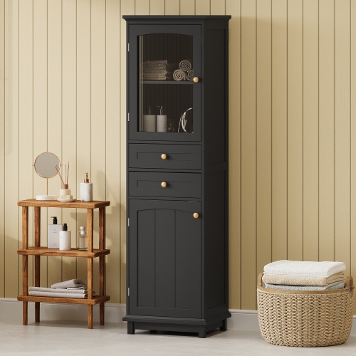 Black Bathroom Storage Cabinet w/ Glass Doors & Drawers