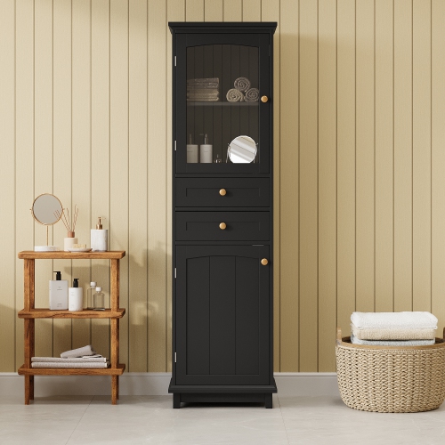 Black Bathroom Storage Cabinet w/ Glass Doors & Drawers