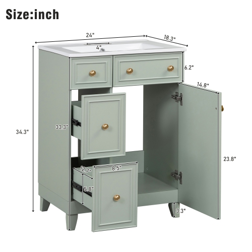 24" Bathroom Vanity Cabinet with Ceramic Sink, 2 Drawers, 1 Door