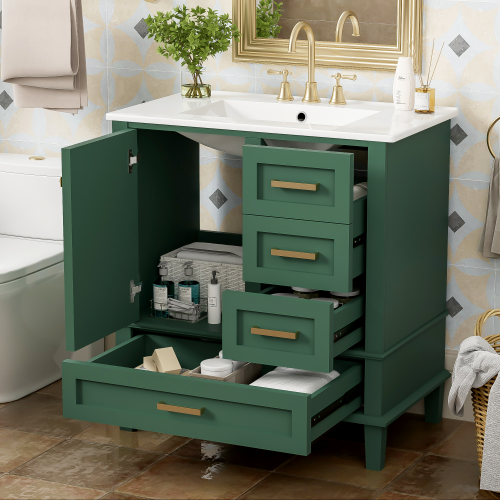 30" Green Modern Bathroom Vanity Cabinet w/ Sink, Soft Close, 3 Drawers