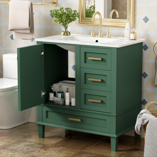 30" Green Modern Bathroom Vanity Cabinet w/ Sink, Soft Close, 3 Drawers