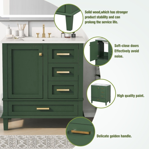 30" Green Modern Bathroom Vanity Cabinet w/ Sink, Soft Close, 3 Drawers