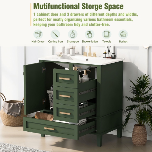 30" Green Modern Bathroom Vanity Cabinet w/ Sink, Soft Close, 3 Drawers
